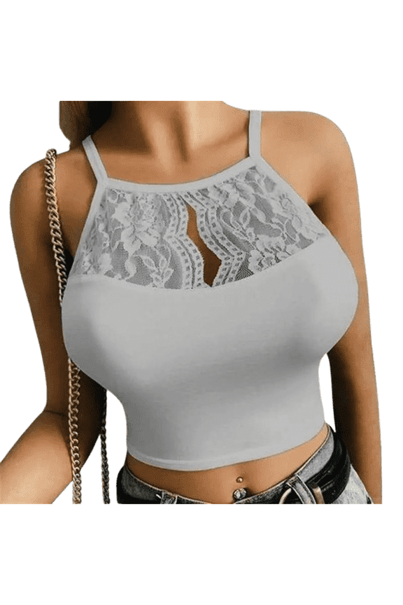 Women’s Lace Patchwork Sleeveless Halter Crop Top, Gray, Medium