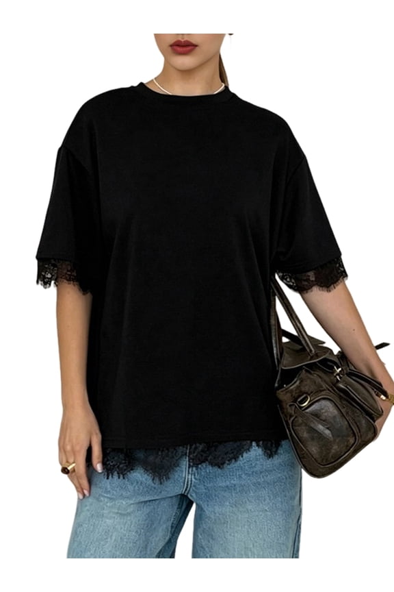 Women's Lace Patchwork Top Summer Fit Drop Shoulder Short Sleeve Split Back Blouse Casual T-Shirt Black L
