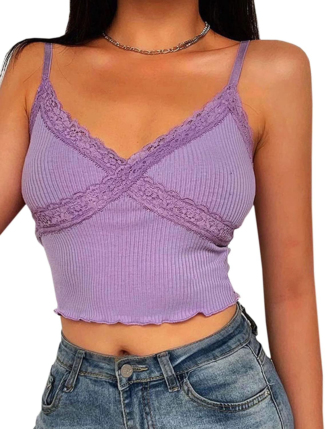 Women's Lace Patchwork V Neck Camisole Ribbed Spaghetti