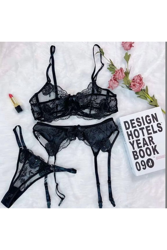 Women's Lace, Polyester Lingerie Set, Black (3-Piece)