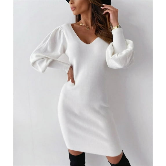 Women's Lace Puff Long Sleeve Sweater Dresses Jumper Office Ladies Elegant Casual Solid Pullover Hollow Out Backless Dress