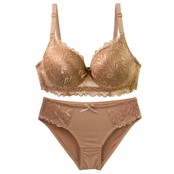 Women's Lace Push up Bra Panties Set Front Closure Sports Bras for Lady Yellow 75C