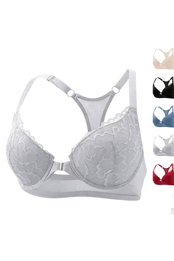 Women's Lace Racerback Front Closure Bra, Underwire Support Push Up T-Back Everyday Bra 2026 Gray 85B