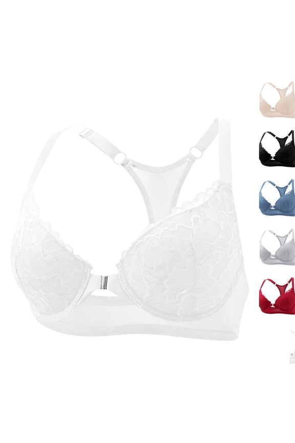 Women's Lace Racerback Front Closure Bra, Underwire Support Push Up T-Back Everyday Bra 2026 White 75B