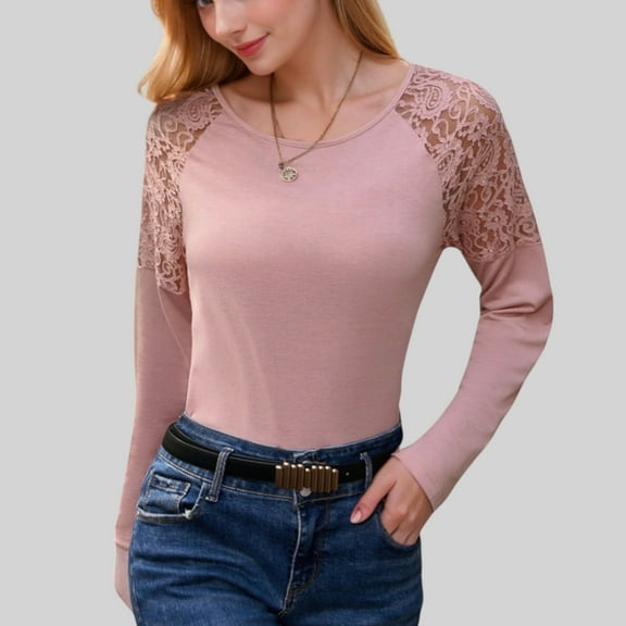 Women's Lace Raglan Sleeve Top with Sheer Floral Shoulder Detail - X Large, Pink