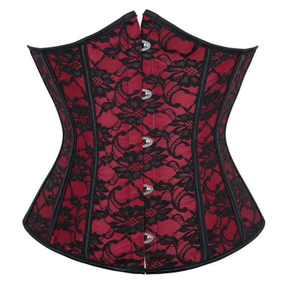 Women’s Lace Red and Black Corset Bustier Waist Trainer and Bustier Top for Party Wedding, Steampunk Goth Corset Dress Up Wine L