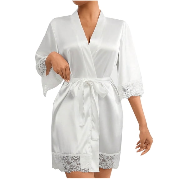 Women's Lace Robe Satin Bridesmaid Short Nightgowns Solid Color Bathrobe 3/4 Sleeve V Neck Sleepwear Super Soft Pajamas for Lady White XL
