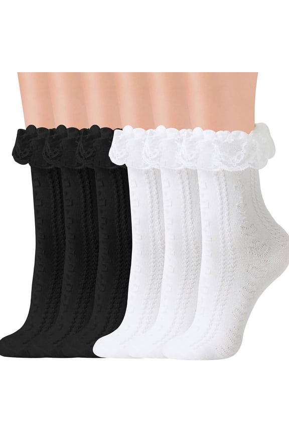 Women's Lace Ruffle Crew Socks - 3-Pack Cute Frilly Ankle Socks with Mesh Trim, Breathable Cotton Blend Dress Socks for Casual, Daily, Fashion Wear