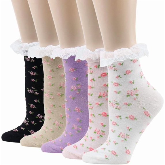 Women's Lace Ruffle Frilly Colorful Floral Cotton Casual Novelty Ankle Socks 5 Pairs