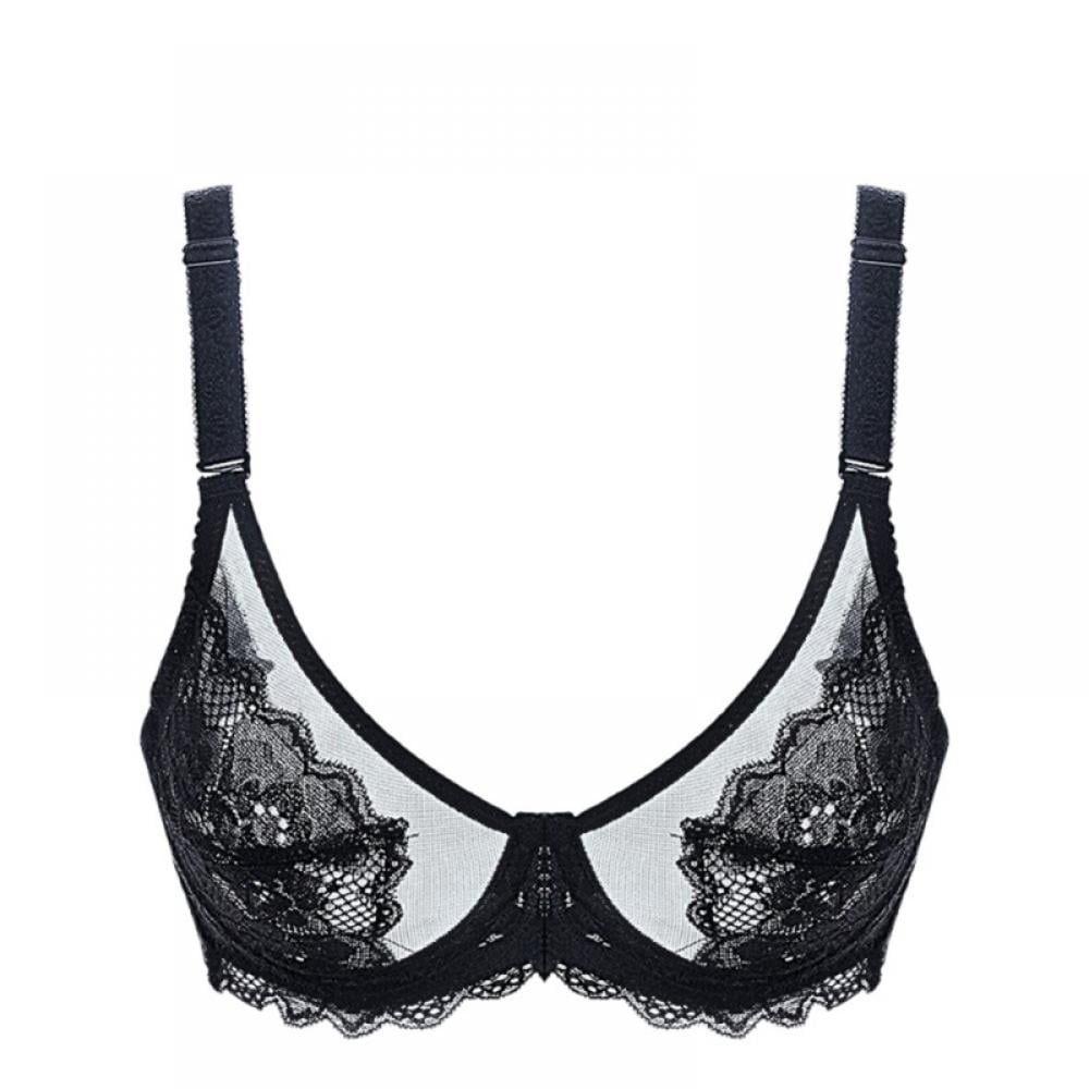 Women's Lace See-Through Bra,Sexy Floral Mesh Unlined No Padded Wireless  Push Up Bralettes Plus Size 