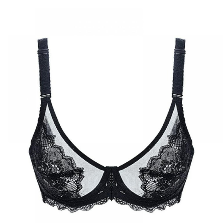 Women's Lace See-Through Bra,Sexy Floral Mesh Unlined No Padded Wireless  Push Up Bralettes Plus Size 