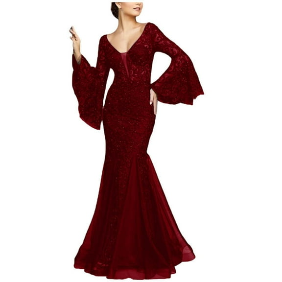 Women's Lace Sexy Slim Fit Fishtail Banquet Dress Elegant Formal Gown Evening Party Wear Long Sleeve Bodycon Maxi Dress