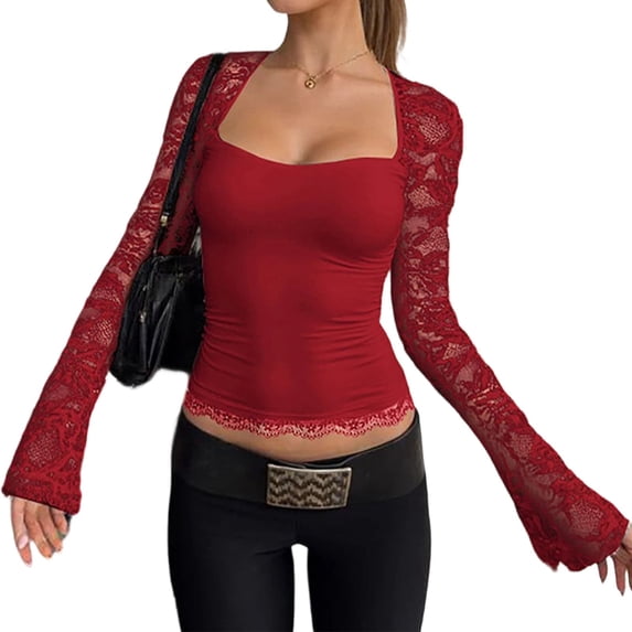 Women's Lace Sheer Mesh Ruched T Shirt Square Neck Long Sleeve Slim Fit Crop Tops