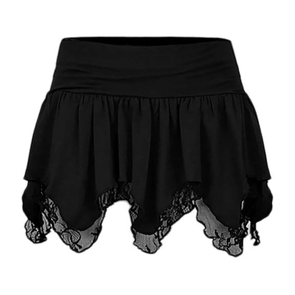 Women's Lace Short Skirt Y2K Solid Low Waist Flowy Ruffle Pleated Mini Skirts (Black M)