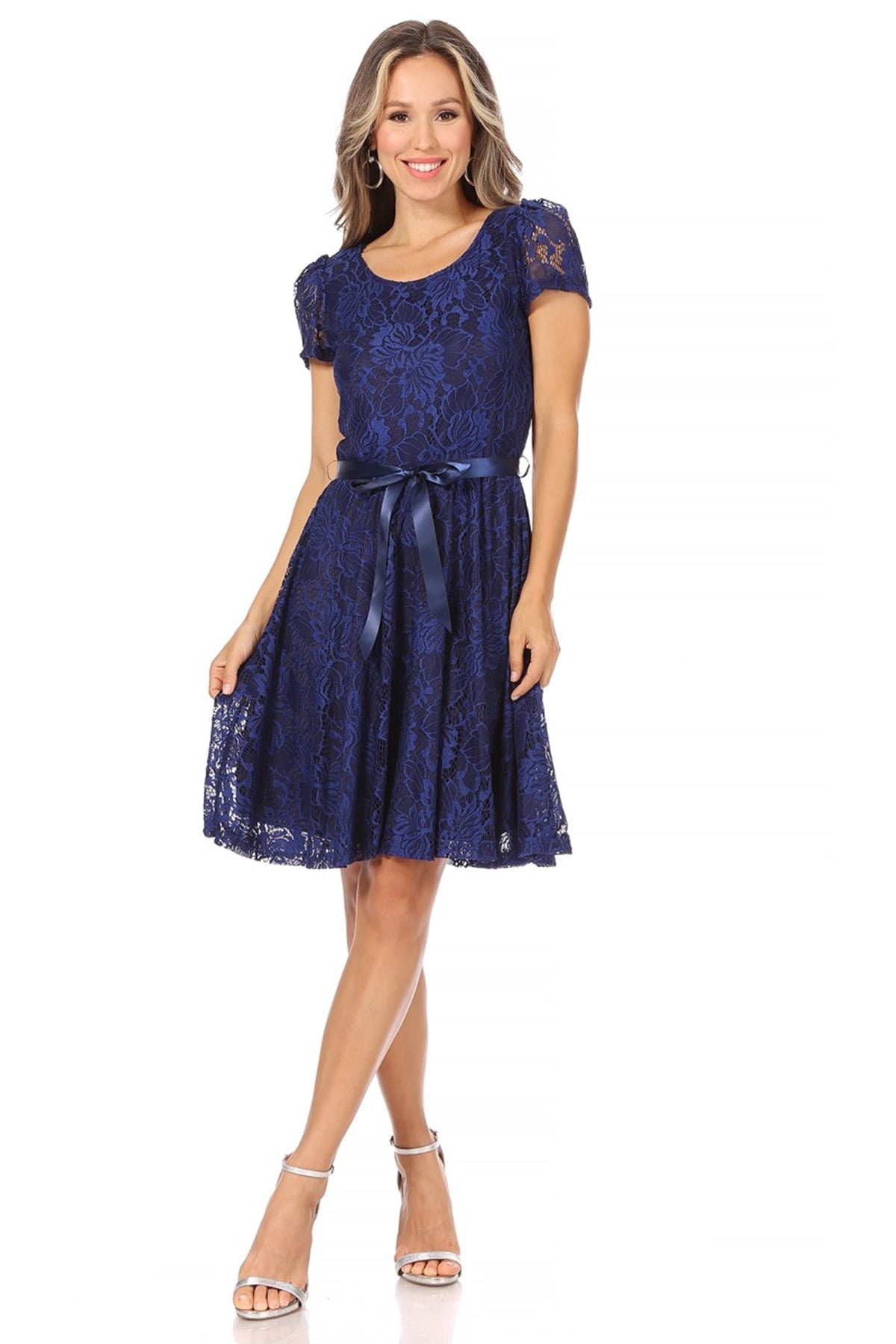 Contrast Solid and Lace Short Sleeve Midi Dress