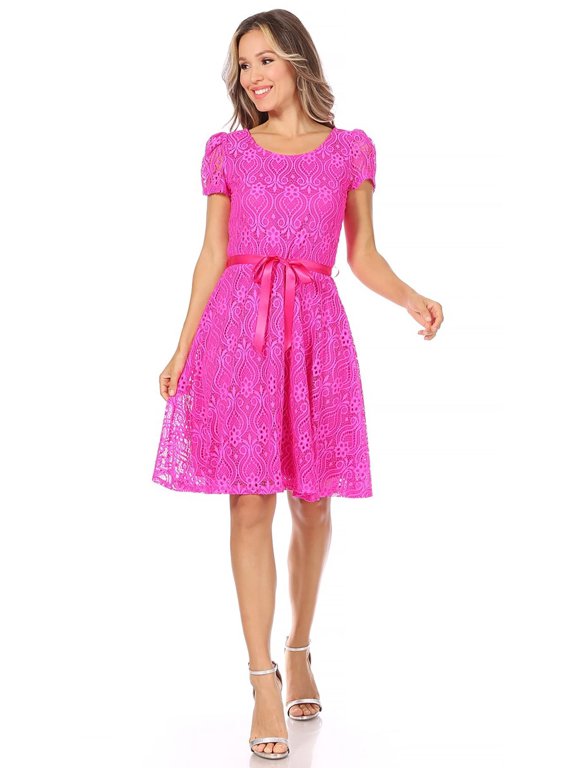 Women's Lace Short Sleeve A-Line Midi Dress