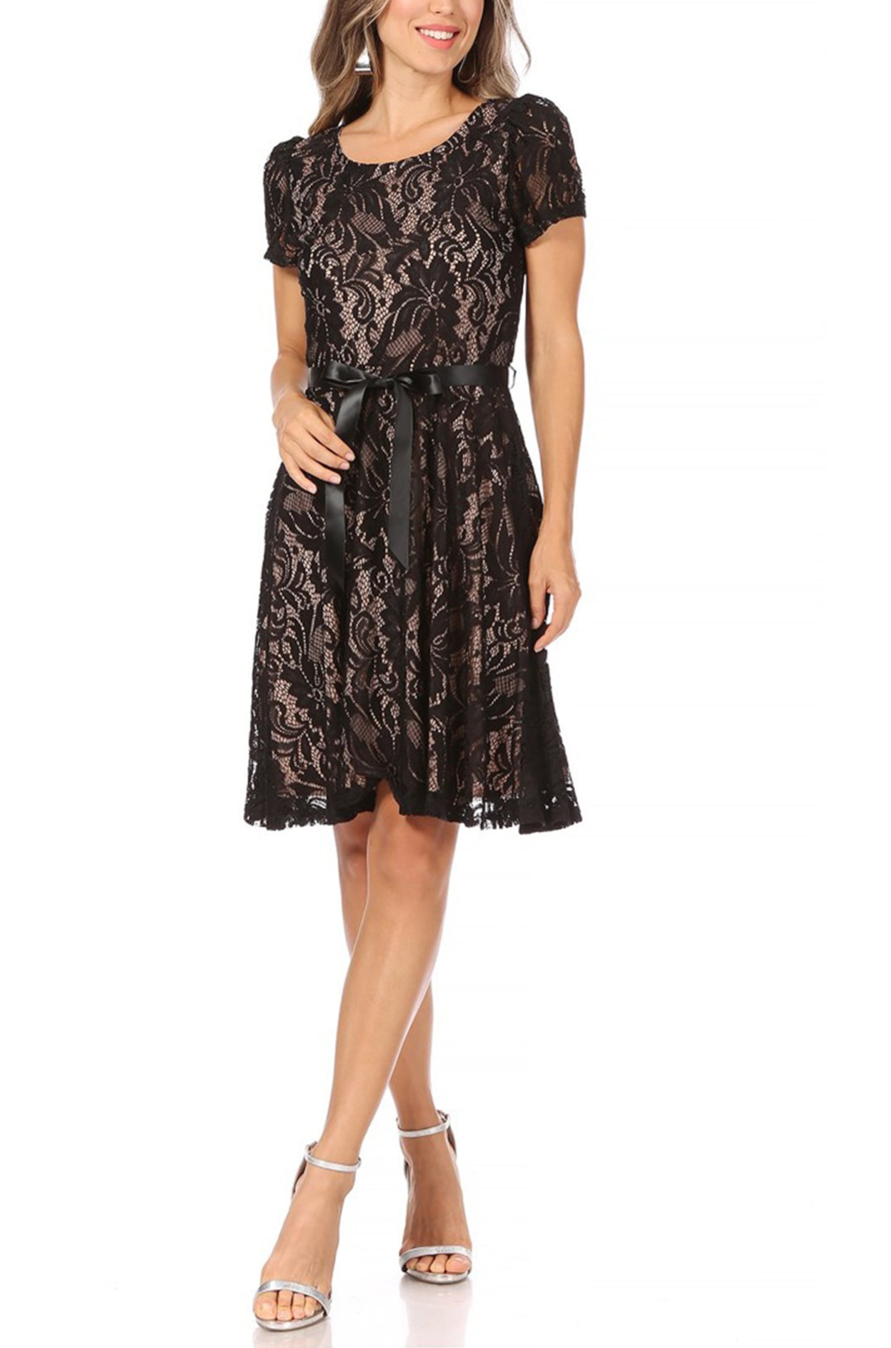 Elegant Yelete 2-Tone Lace Midi Dress with Short Sleeves and A-Line Hem main image 0