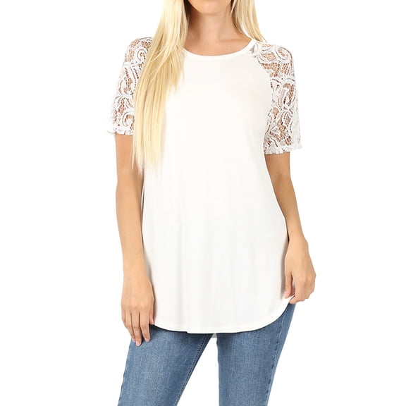 Women's Lace Short Sleeve Round Neck T Shirts Casual Blouse Top