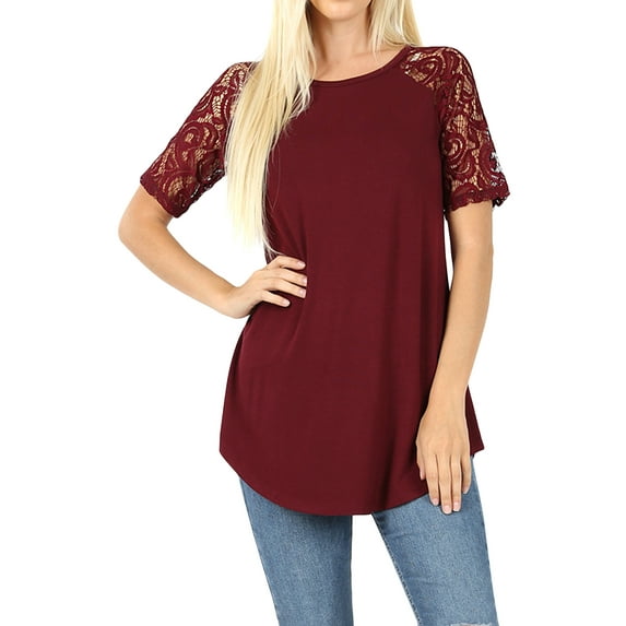 Women's Lace Short Sleeve Round Neck T Shirts Casual Blouse Top