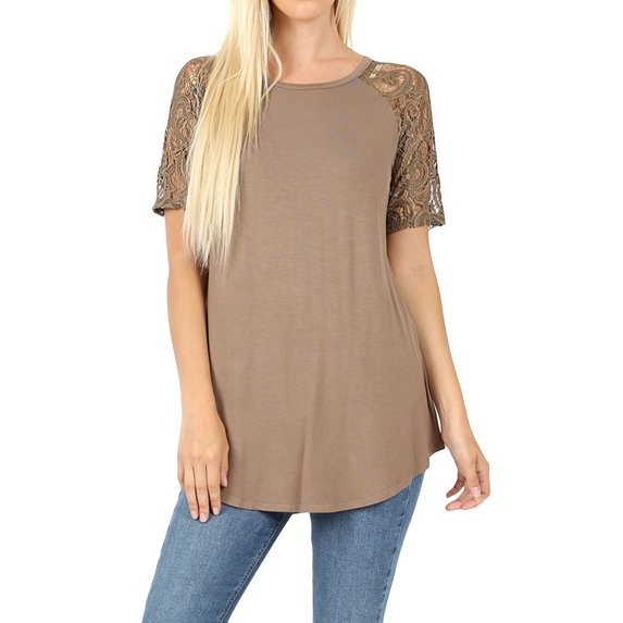 Women's Lace Short Sleeve Round Neck T Shirts Casual Blouse Top