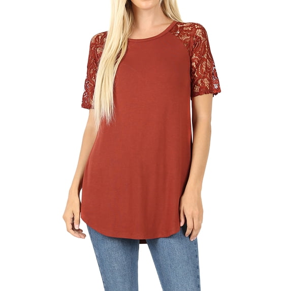 Women's Lace Short Sleeve Round Neck T Shirts Casual Blouse Top
