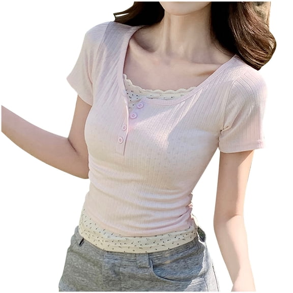 Women's Lace Short Sleeve Shirts, Summer Basic Slim Fits T-Shirts, Comfy Breathable Versatile Tops