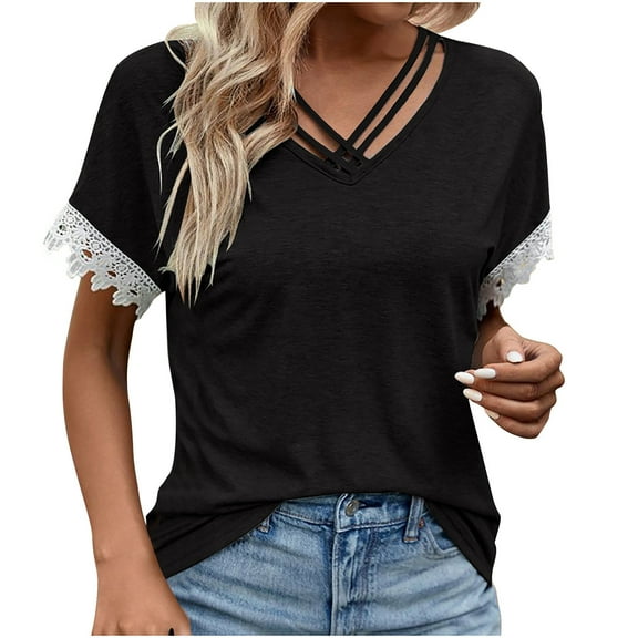 Women’s Lace Short Sleeve Shirts Summer Crisscross V-Neck Tops Plus Size Casual Dressy T-Shirt ,Black,XL