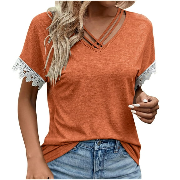 Women’s Lace Short Sleeve Shirts Summer Crisscross V-Neck Tops Plus Size Casual Dressy T-Shirt ,Orange,S