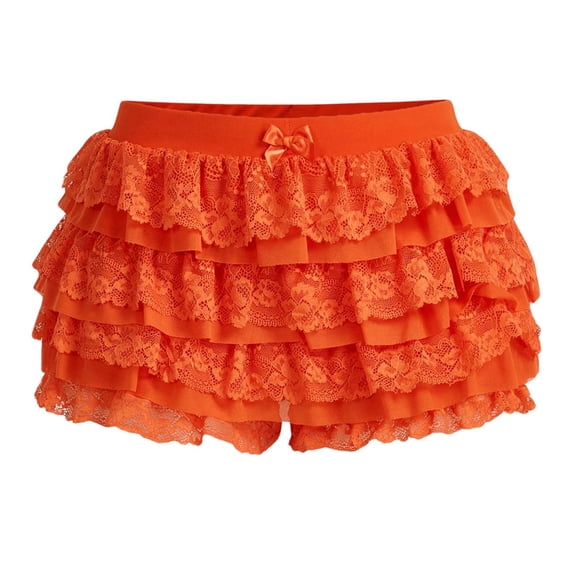 Women's Lace Skort High Waist Ruffle Tier Skirt with Bow Decor Summer Mini Skort for Loungewear Party Orange L