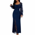 thumbnail image 1 of Women's Lace Sleeve Maxi Dress Square Neck Ruched Slit Lace Patchwork Formal Evening Gown for Wedding Guest, 1 of 4