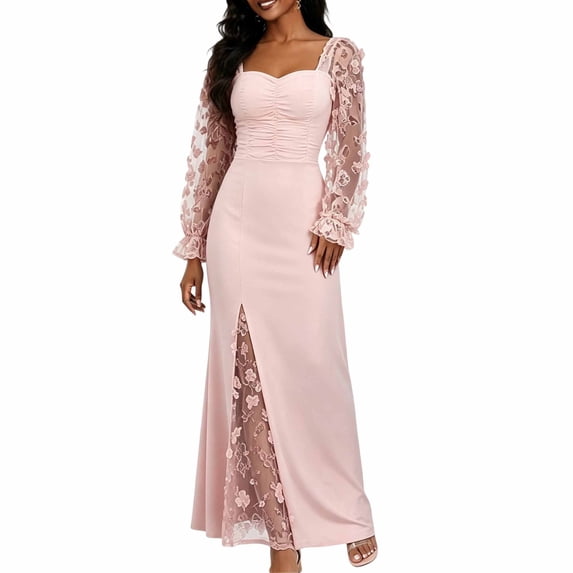 Women's Lace Sleeve Maxi Dress Square Neck Ruched Slit Lace Patchwork Formal Evening Gown for Wedding Guest