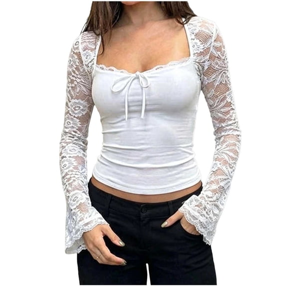 Women's Lace Sleeve Square Neck Top, Sheer Bell Long Sleeve Crop Shirt Double Lined Fitted Going Out White XL(XL)