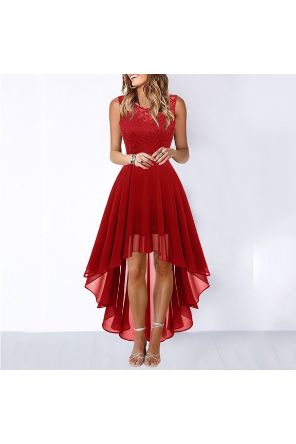 Women's Lace Sleeveless High Low Chiffon Dress, Elegant Evening Party Dress, Bridesmaid Dress for Wedding Guest, 7 Colors, Sizes XS-3XL
