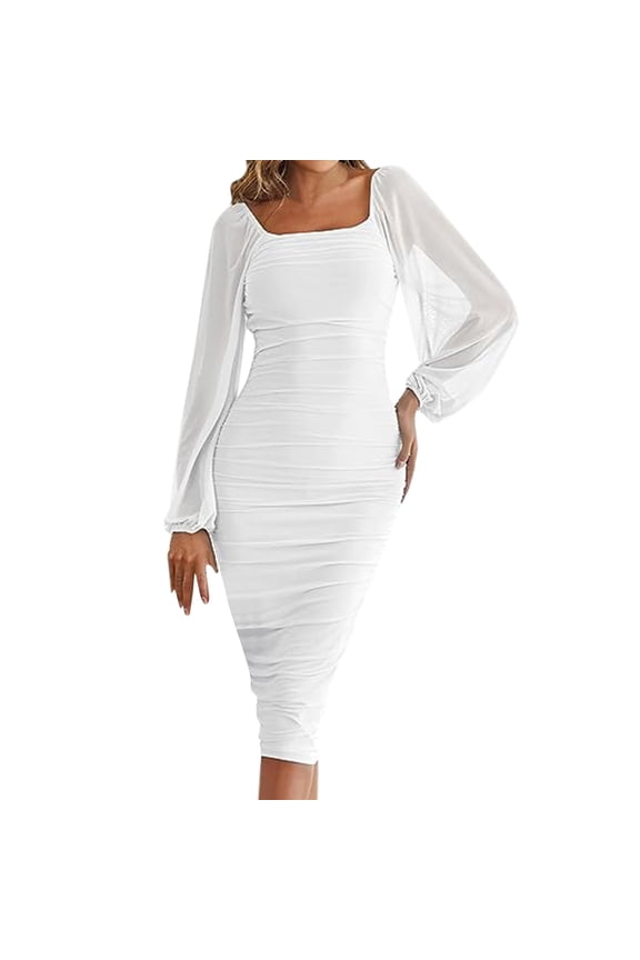 Women's Lace Splice Long Dress - Square Neck, Split Hem, Nylon Fabric, Bridesmaid/Casual - Sizes S-XL