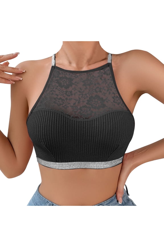 Women's Lace Splicing Silver Ribbon Backless Vest Bra Fashionable Wear Outside Comfortable Support