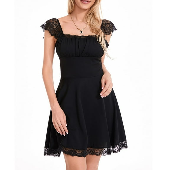Women's Lace Square Neck Dress Slim Backless Solid Color A Line Dress Tie Waist Midi Dress Short Dress for Women Summer Comfy Summer Dresses Vintage Dress for Women Summer Women Summer Dresses for