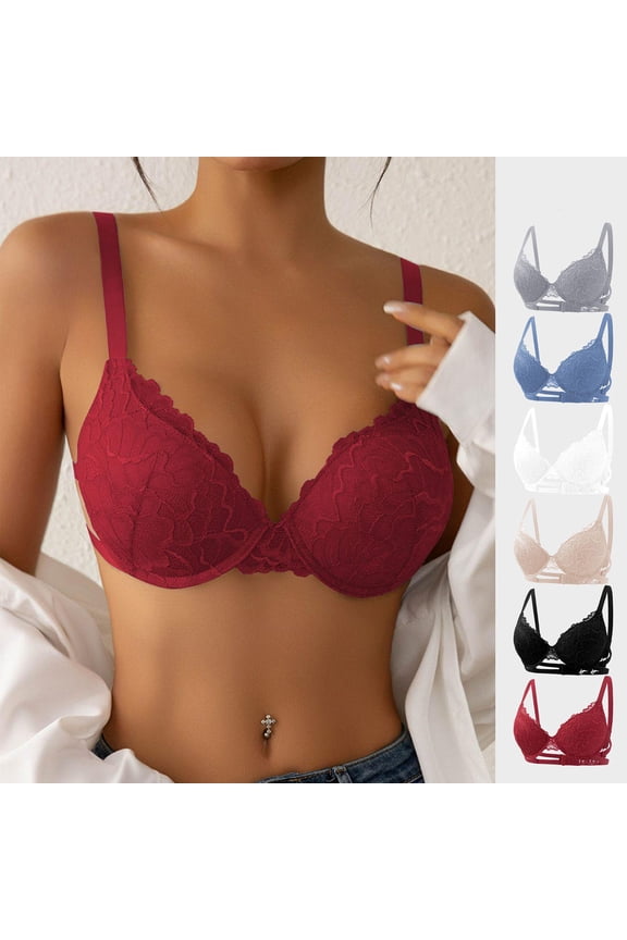 Women's Lace and Steel Ring Bra with Comfortable Gathering Design, Thin Straps and Fashionable Back Detail for Everyday Wear, Date Nights, Light Exercise Red 70B