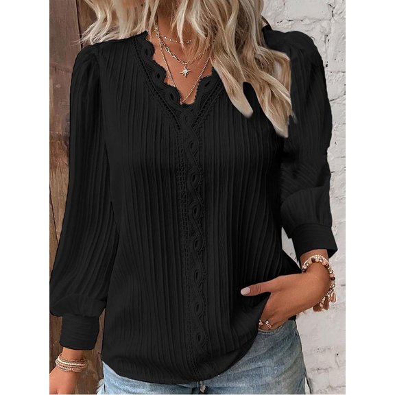 Women's Lace Stitching Shirt Loose Stitching V-neck Long Sleeve Pullover Chiffon Shirt Fall Top Simple Elegant Street Blouse