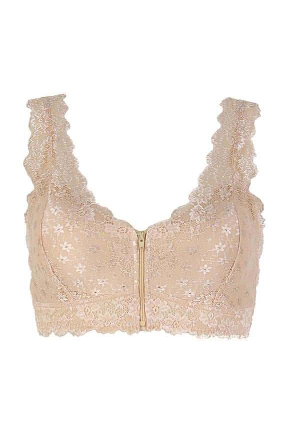 Women's Lace Strap Deep V Bra - Front Zipper, Adjustable, Nylon/Spandex, All Seasons