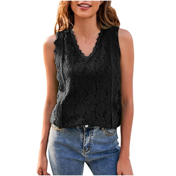 Women's Lace Tank Tops Sleeveless V Neck Slim Fit Trendy Solid Tunic Shirts Hollow Out T Shirts Black,XL