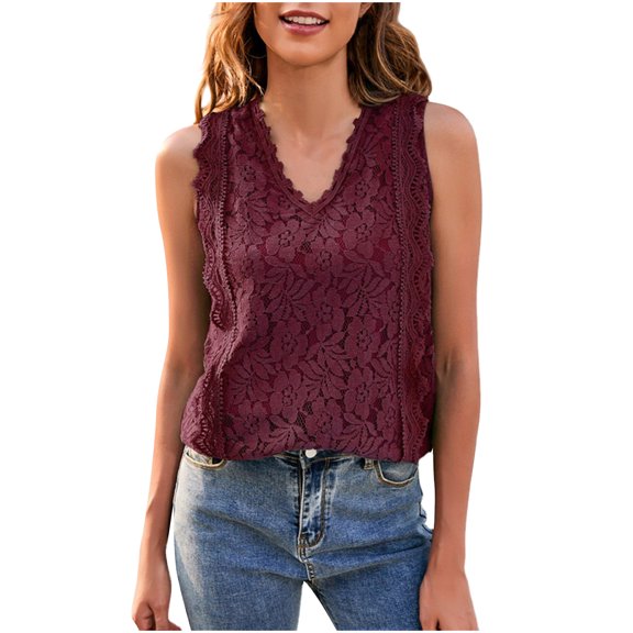 Women's Lace Tank Tops Sleeveless V Neck Slim Fit Trendy Solid Tunic Shirts Hollow Out T Shirts Wine,L