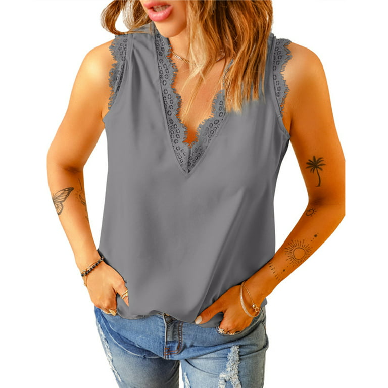 Women's Lace Tank Tops V Neck Sleeveless Lace Trim Spaghetti Strap Tank Top  for Casual Party Beach L Light Grey 