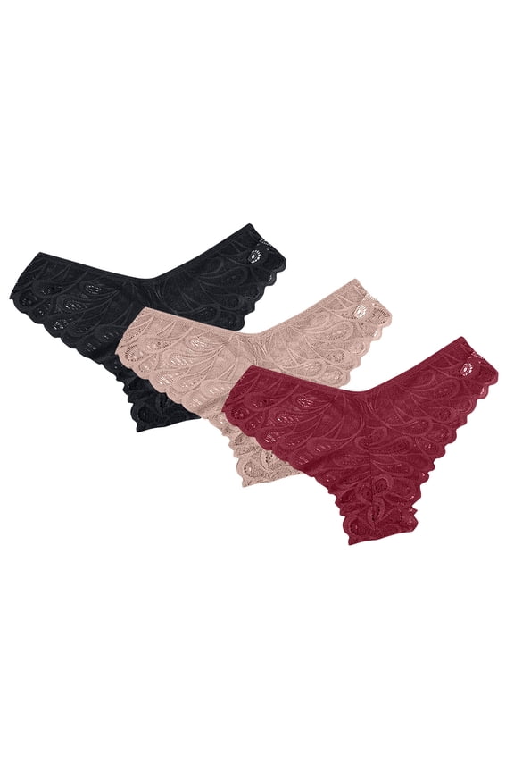 Women's Lace Thongs V Low Waist Panties Sexy Stretch Seamless Bikini Briefs Breathable Comfortable Panties 3 PC