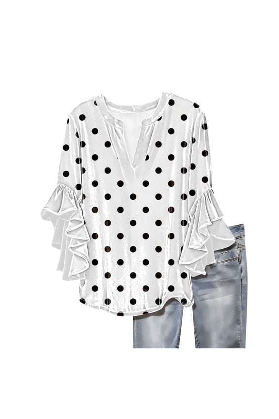 Women's Lace Three-Quarter Sleeve V-Neck Button Casual Polka Dots Fashion Top Vibrant Printed Patterns Neck-Flattering V-Cut Delicate Lace Trim Adjustable Buttons Party Casual Wear