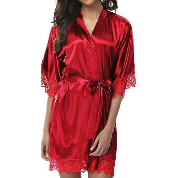 Women's Lace Trim Bathrobe 3/4 Sleeve Faux Ice Silk Short Kimono Robe Sleepwear
