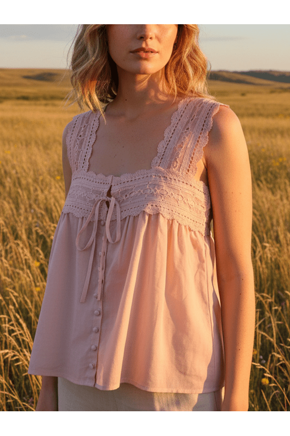 Women's Lace Trim Camisole,White/Pink/Black Square Neck Tie-Front Button Top, Chic Ruffle Summer Blouse, Date Night Beach Holiday Fashion