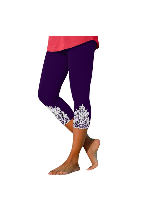 Women's Lace Trim Capri Leggings Stretch Butt Lifting Workout Crop Pant High Waist Lightweight Capris Travelwear