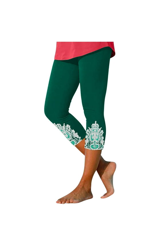 Women's Lace Trim Capri Leggings Stretch Butt Lifting Workout Crop Pant High Waist Lightweight Capris Travelwear