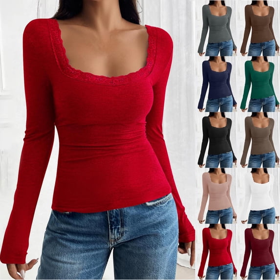 Women's Lace Trim Crew Neck T Shirt Y2K Long Sleeve Basic Tops Elegant Slim Fit Blouse Aesthetics Tee Shirts