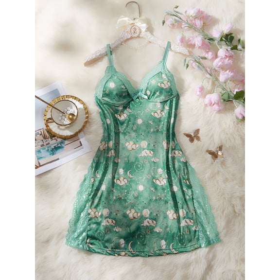 Women’s Lace-Trim Deep V-Neck Slip Pajama Dress – Satin Sleepwear Nightgown with Bow Detail and Side Slit